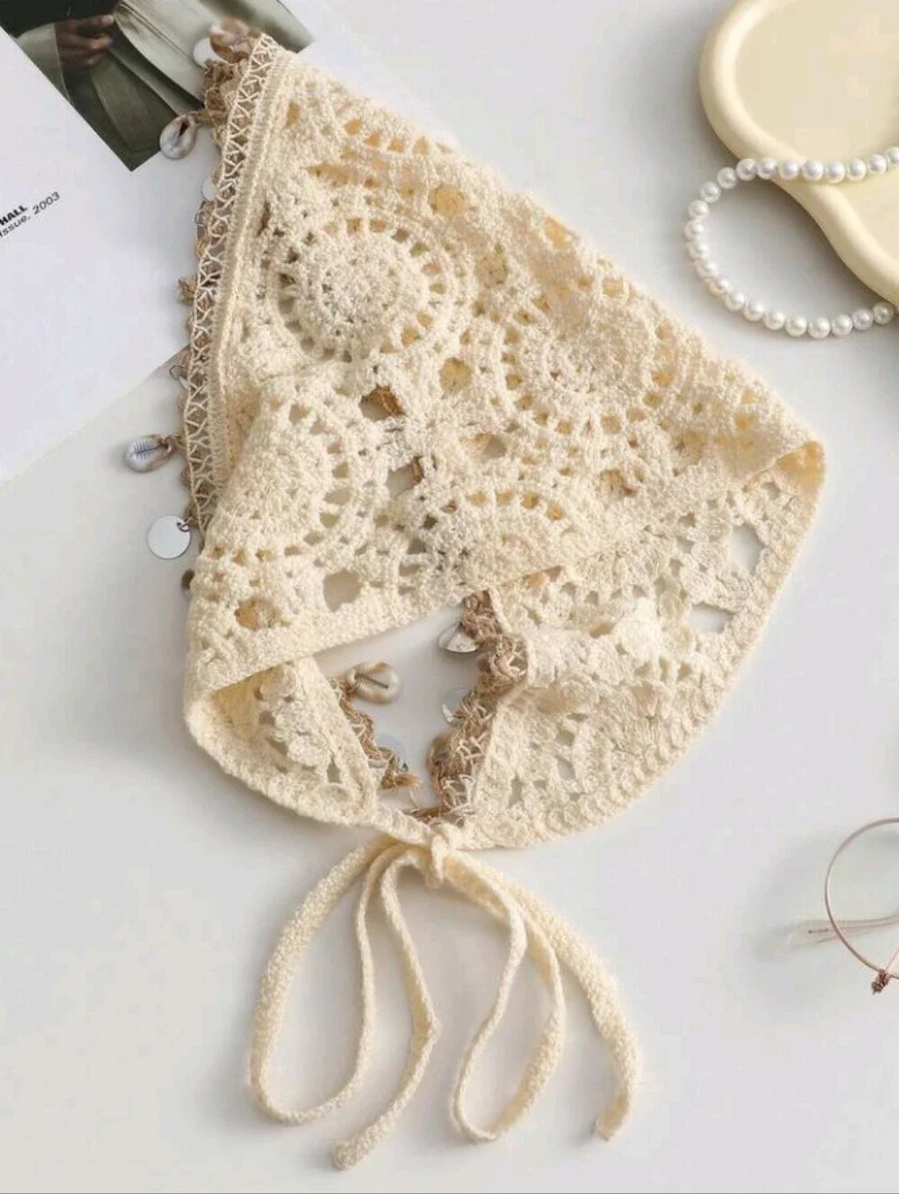 Boho Cream Crochet Bandana Shell Silver Accent Scarf Summer Festive Beach